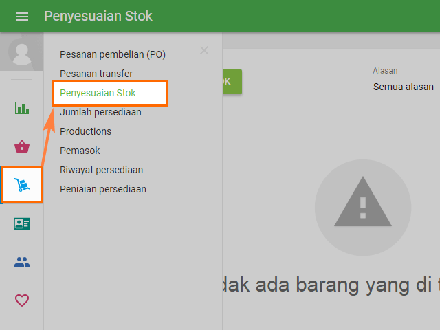 Lanjut ke bagian 'Penyesuaian Stok' di menu 'Manajemen Inventori'