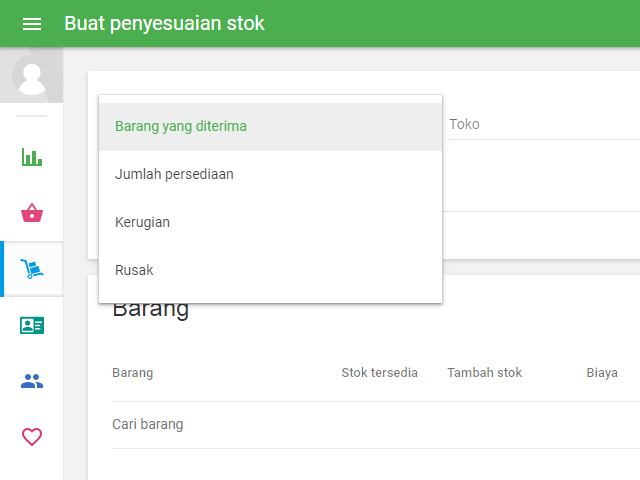 Dari menu drop-down, pilih alasan untuk penyesuain and pilih toko