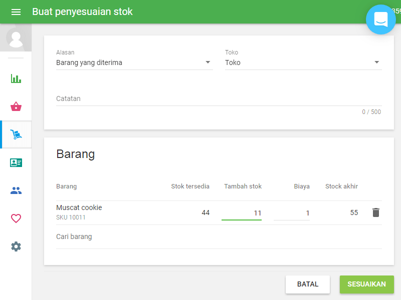 isilah 'Tambahkan stock' dan 'Biaya' kolom untuk setiap item
