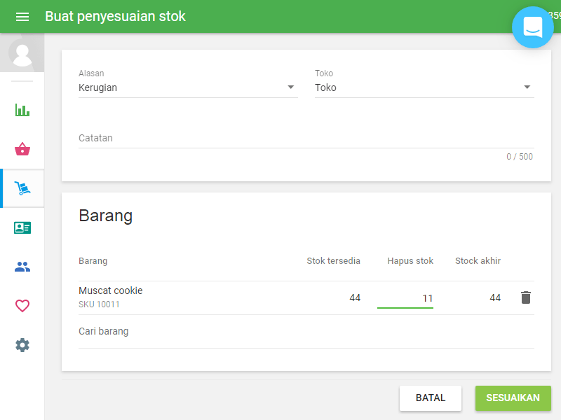 isilah bidang 'Menghapus stok' untuk setiap item