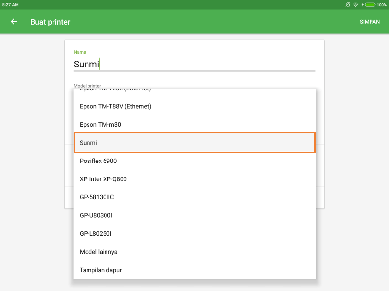 printer Sunmi dari menu drop-down model printer