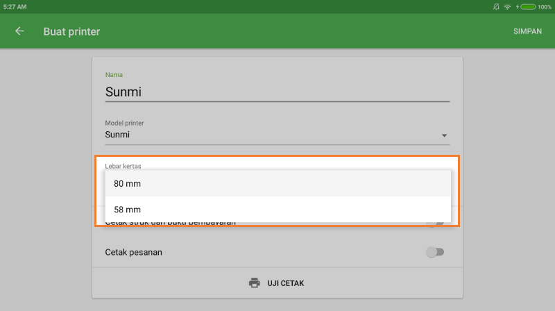 Pilih 'Lebar kertas' dari printer.