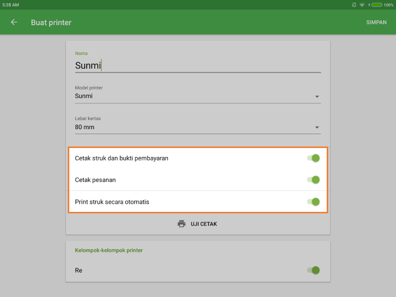 pengaturan untuk printer SUNMI