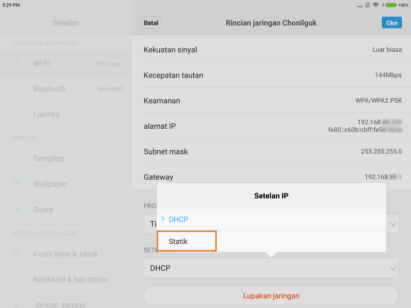 Pengaturan WiFi pada tablet Android Kds