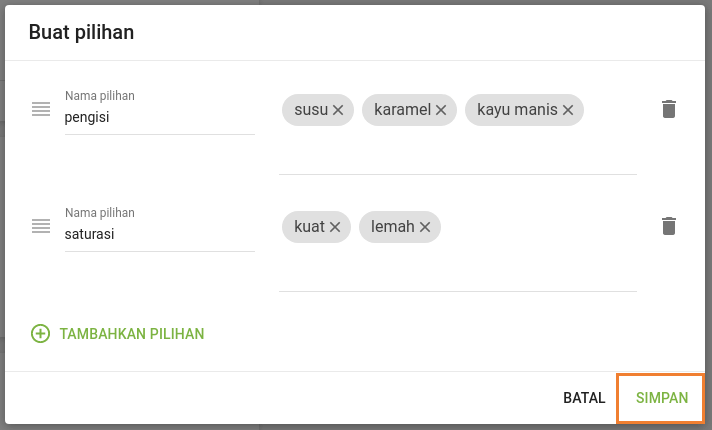 membuat opsi dengan varian