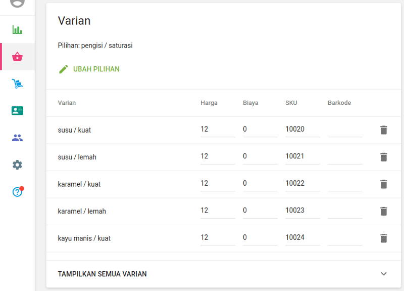 daftar semua kemungkinan varian item