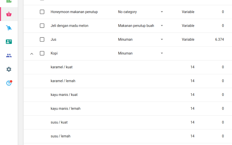 barang dengan varian dalam daftar barang