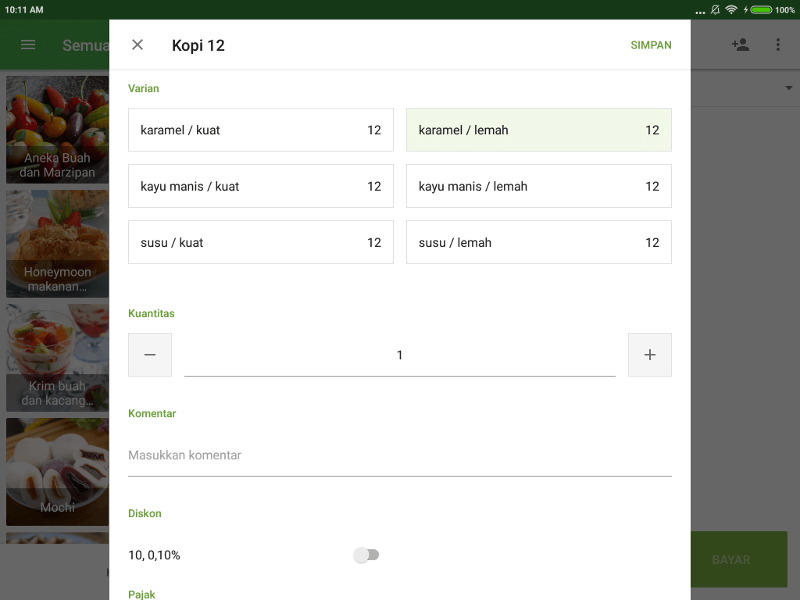 Varian dalam kotak dialog selama penjualan