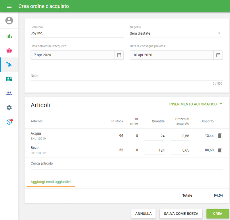 'Aggiungi costi aggiuntivi' nella parte inferiore