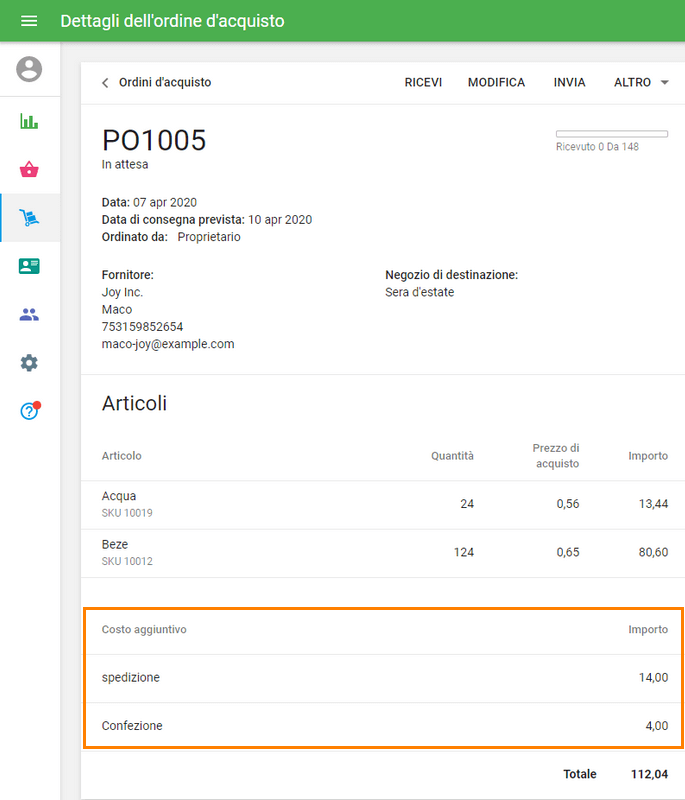 aggiuntivi nei dettagli dell'ordine