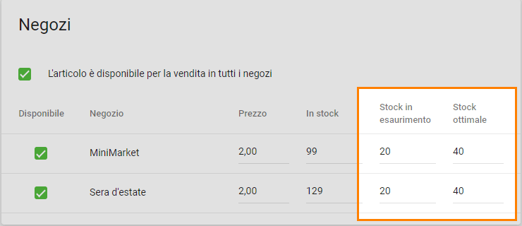 campi 'Stock in esaurimento' e 'Stock ottimale'