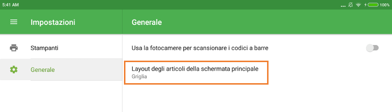 ‘Layout degli articoli della schermata principale’ Impostazioni POS