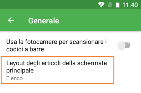 ‘Layout degli articoli della schermata principale’ Impostazioni