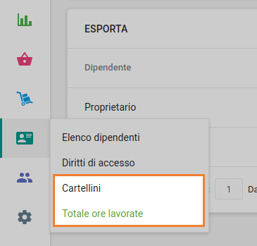 ‘Cartellini’ e ‘Ore lavorative totali’ sezioni del menu