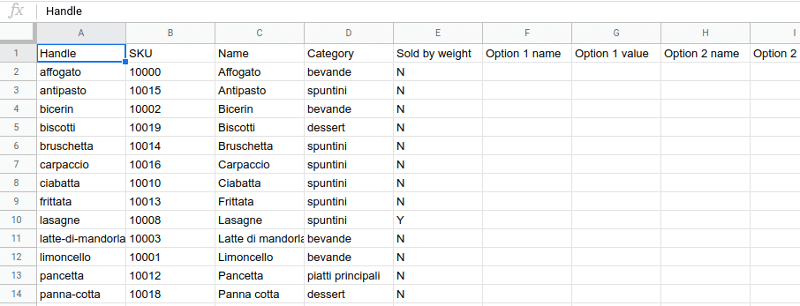 Articoli ordinari nel file di esportazione sku