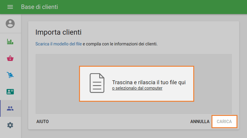 Caricamento file nella finestra ‘Importa clienti’