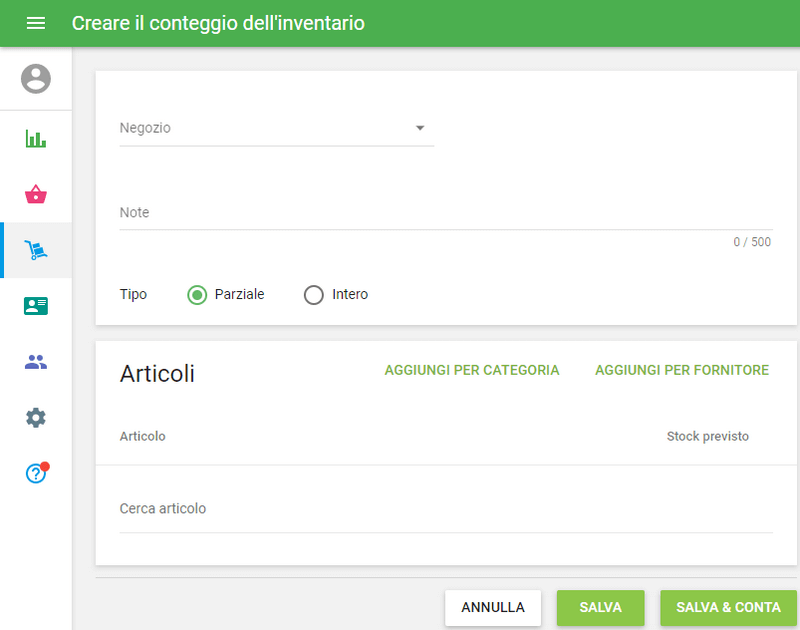 'Crea conteggio dell'inventario'
