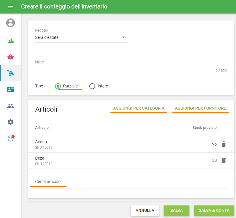 conteggio dell'inventario Parziale