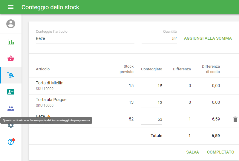 articolo che non si trova nell'elenco pianificato