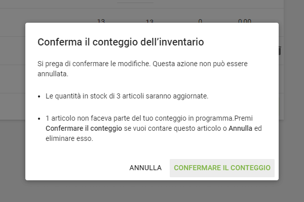 Conferma conteggio dell'inventario