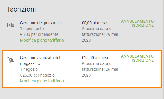 informazioni sulla iscrizione attiva per la Gestione avanzata