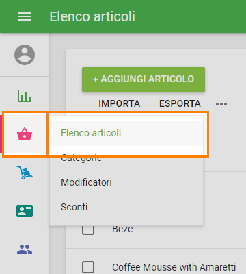 menu 'Elenco articoli' nel Back Office