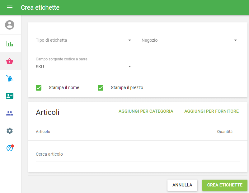 modulo 'Crea etichette'