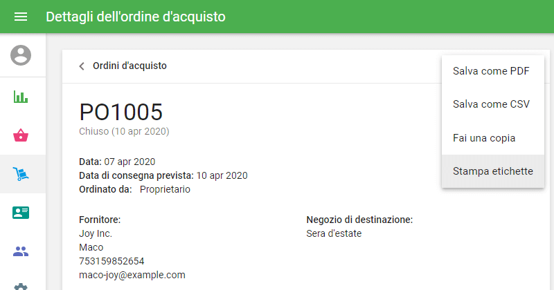 'Stampa etichette' nel menu 'Altro'