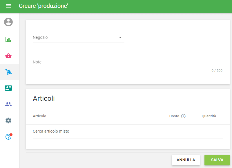 modulo 'Crea produzione'