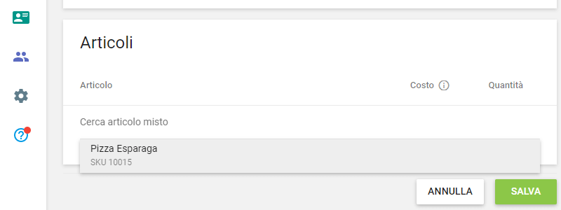 elenco a discesa dei tuoi articoli
