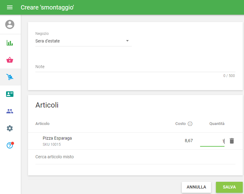 modulo 'Crea smontaggio' in modo simile a 'Crea produzione'