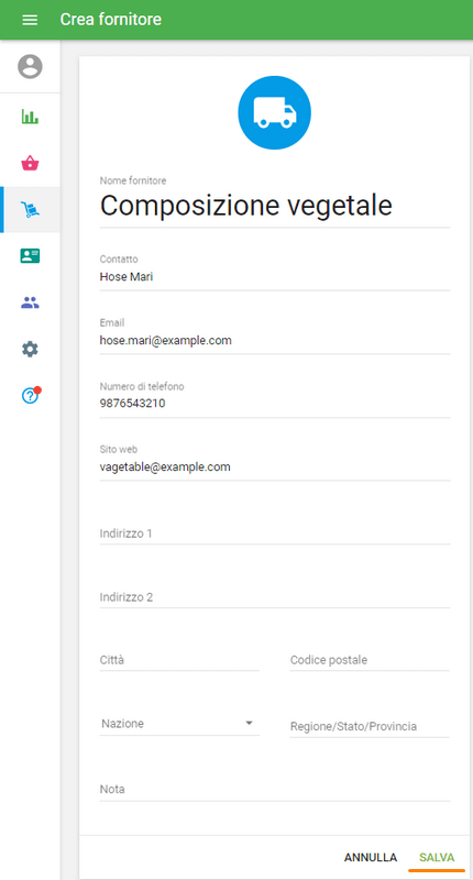 modulo 'Crea fornitore'