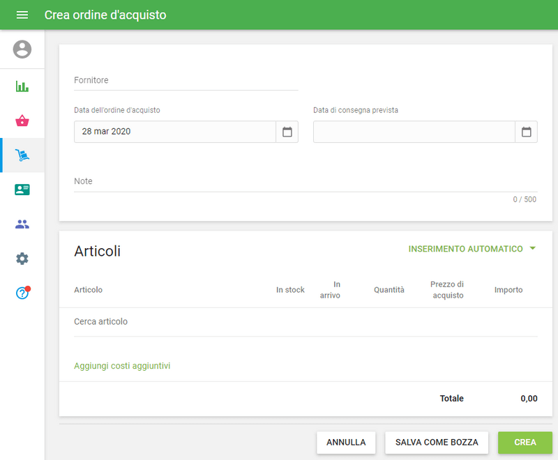 modulo 'Crea ordine d'acquisto'