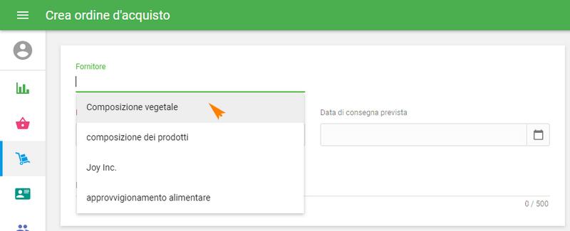 fornitore dall'elenco a discesa 'Fornitore'