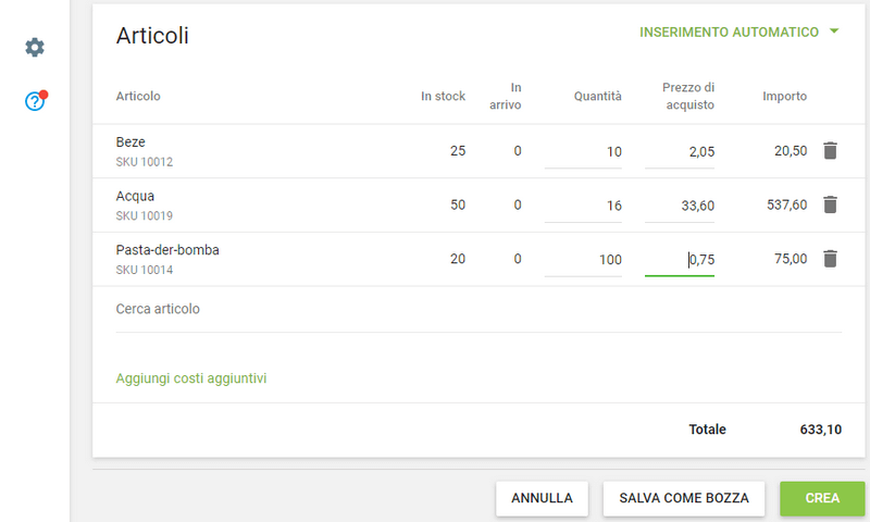 la sezione 'Articoli' con i prodotti