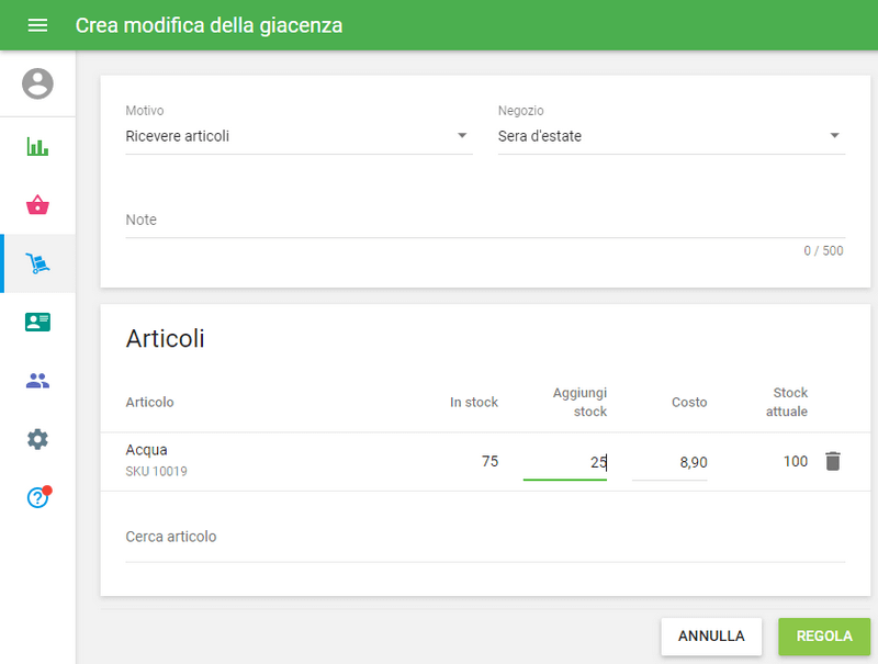 campi 'Aggiungi stock'