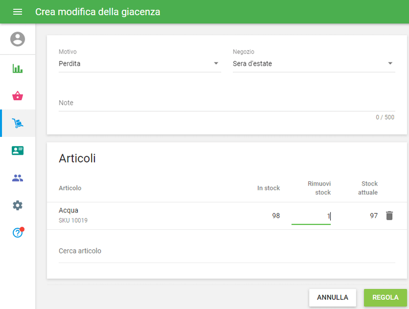 campo 'Rimuovi stock' per ciascun articolo