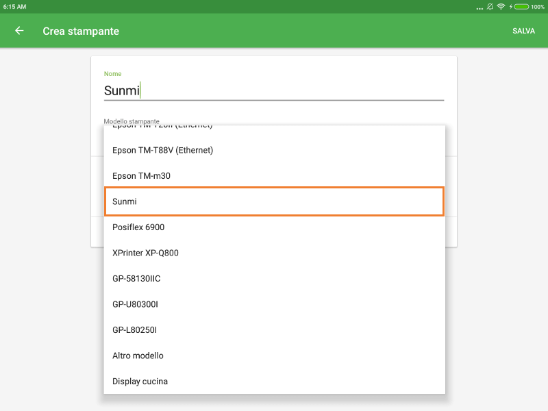 dall'elenco a discesa dei modelli di stampanti SUNMI