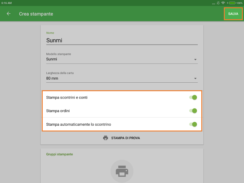 impostazioni per la stampante SUNMI