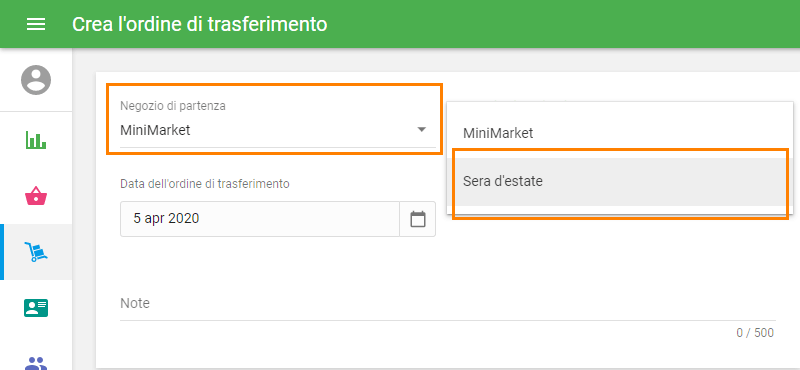 Scegli 'Negozio di partenza' e 'Negozio di destinazione' dall'elenco
