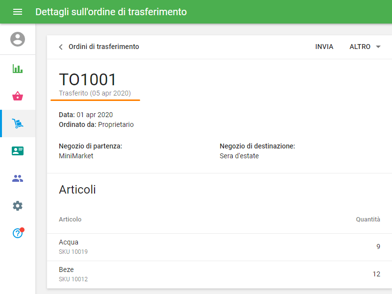 articoli trasferiti nel negozio