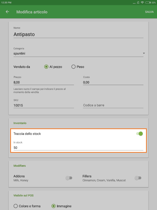 l'opzione 'Traccia dello stock' nella sezione Inventario