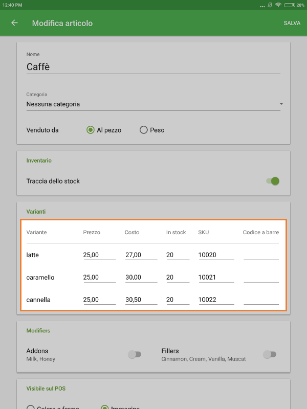 azione e costo per ogni variante