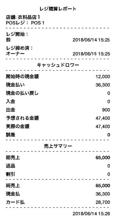 レジ精算レポートがプリンターから印刷されます