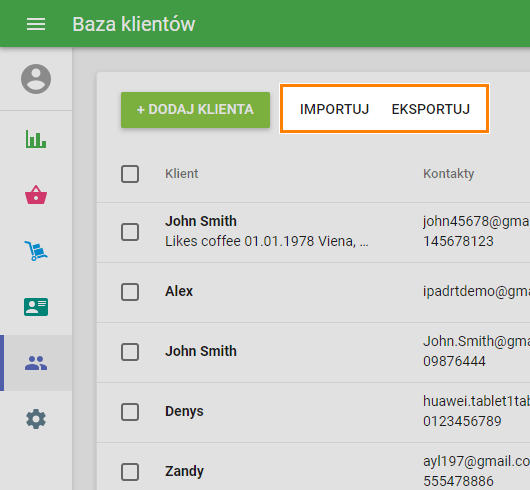 przyciski „Importuj” i „Eksportuj”