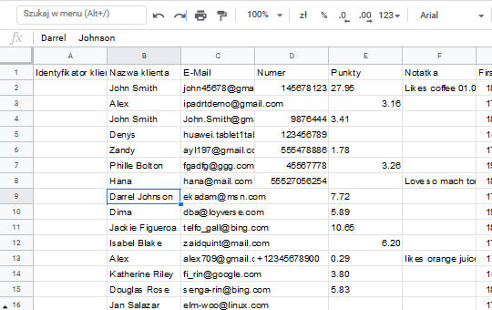 kliencie do określonych kolumn