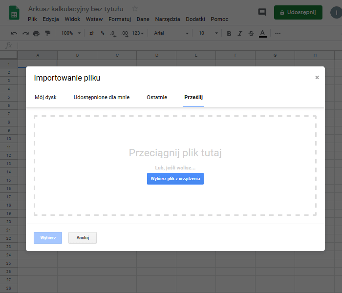  „Otwórz plik” przejdź do ‘Prześlij’