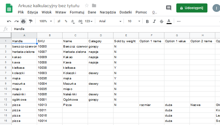 otworzony plik CSV jako tabelę