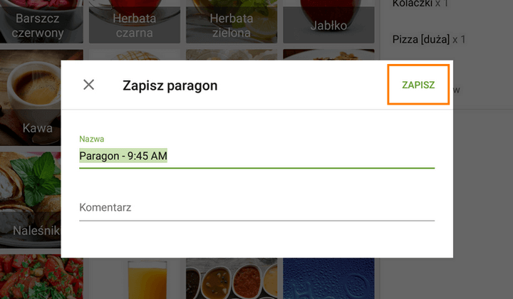 Kliknij „Ok”, aby zapisać paragon