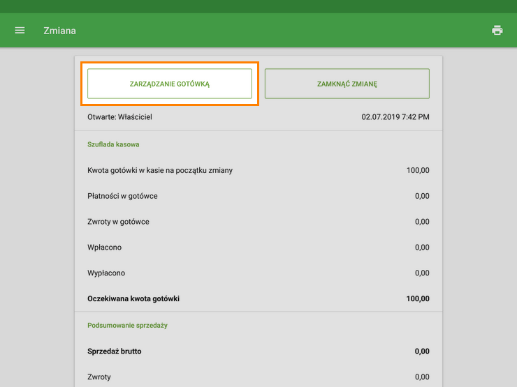 menu „Zmiana” i naciśnij przycisk „Zarządzanie gotówką”